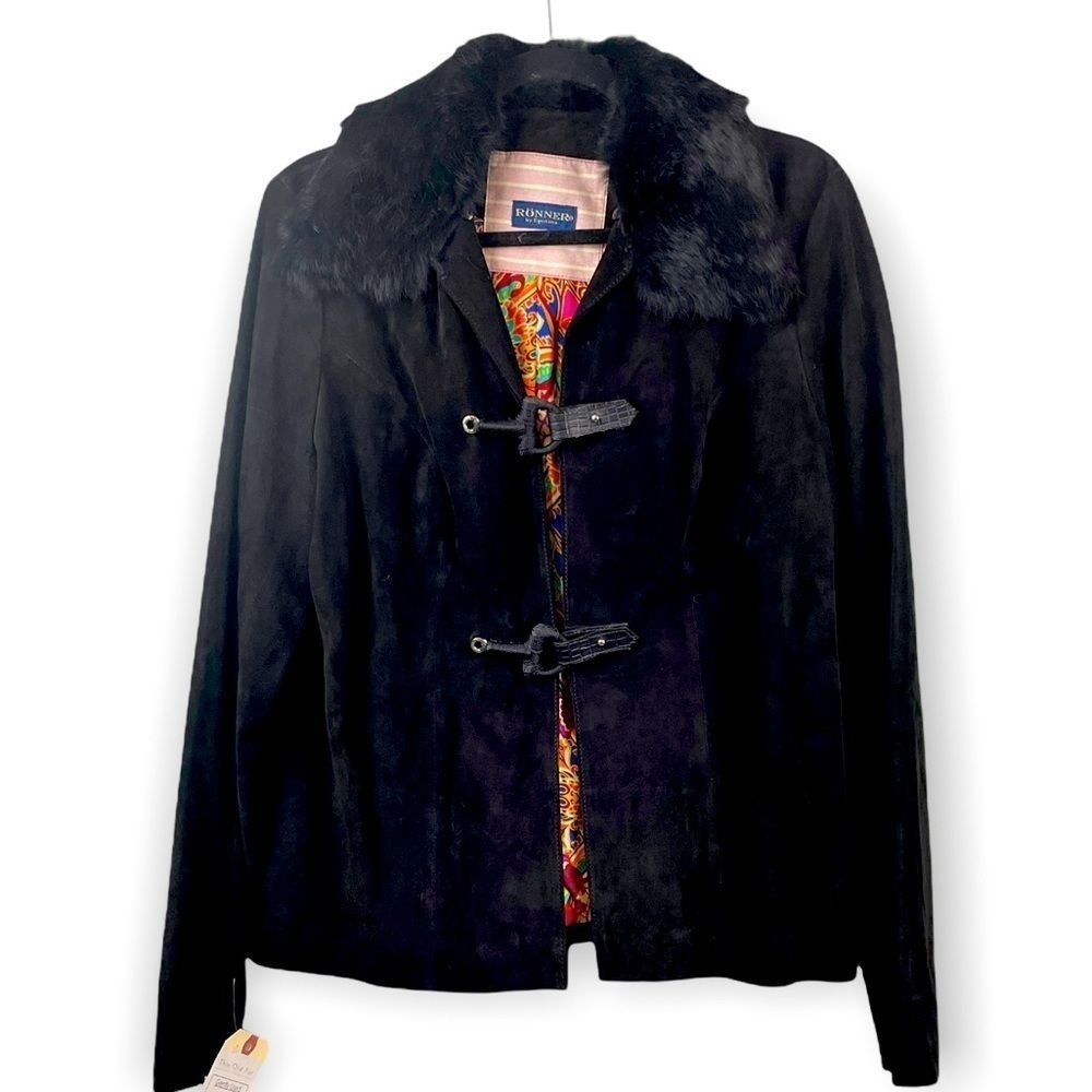 Ronner Suede Leather & Rabbit Fur Toggle Closure Winter Jacket Black Womens Sz L